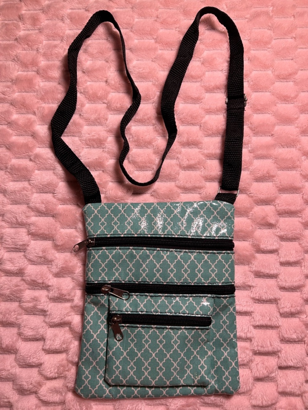 Teal Patterned Crossbody Bag with Black Strap